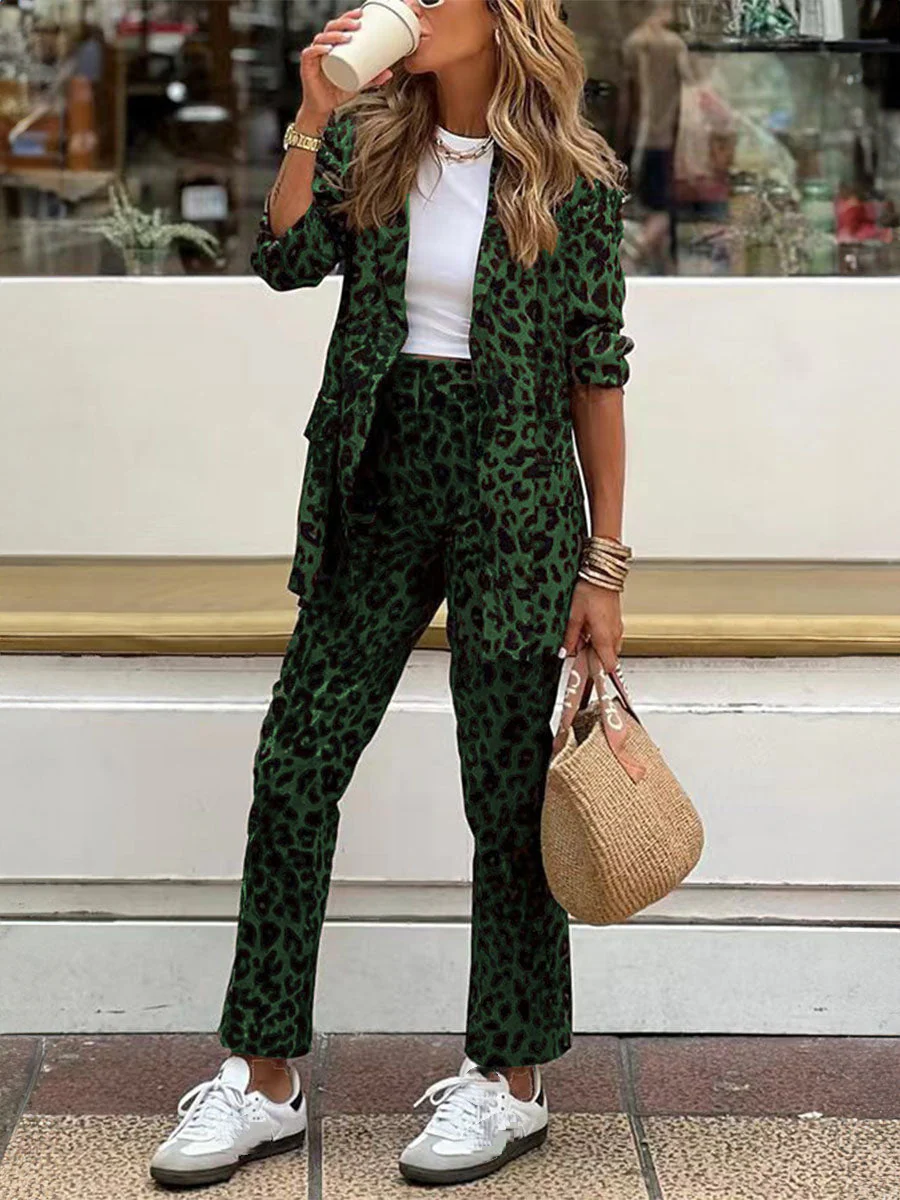 Womens Lapel Leopard Print Casual Set