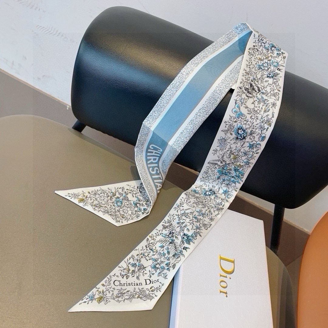 [TOP] Christian Dior Twilly Scarf - White and Blue - 711 Luxury