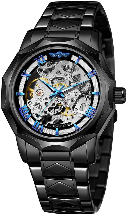 Tiong Fashion Automatic Watches Mechanical Wrist Watch Golden for Mens Skeleton Watches with Stainless Steel Transparent Dial