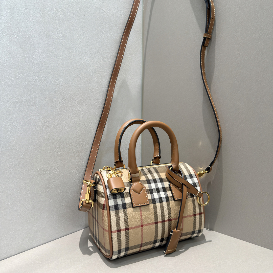 [TOP] BURBERRY Mini Plaid Boston Bag 18.5x11x12cm - Khaki and Brown - 711 Luxury