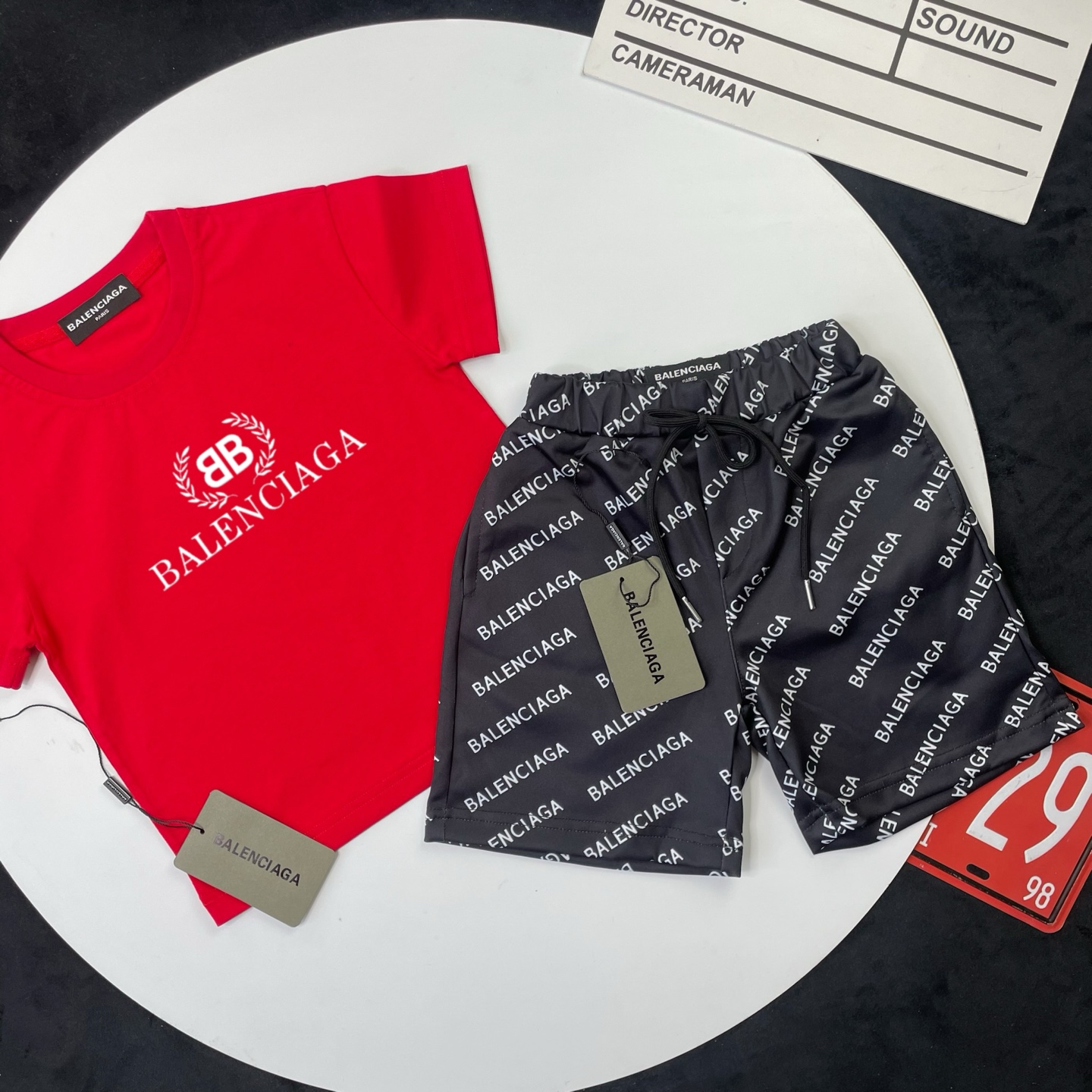 Balenciaga Unisex Kids Red Wreath BB Logo Short Sleeve T-Shirt & Black All Over Letter Print Casual Shorts 2 Piece Set Boys Girls Sizes 90-150