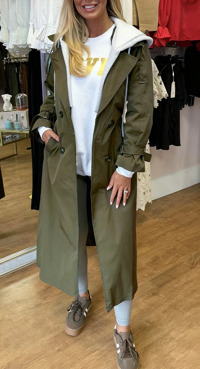 Women's Hooded Lapel Fake Two-piece Casual Long Trench Coat