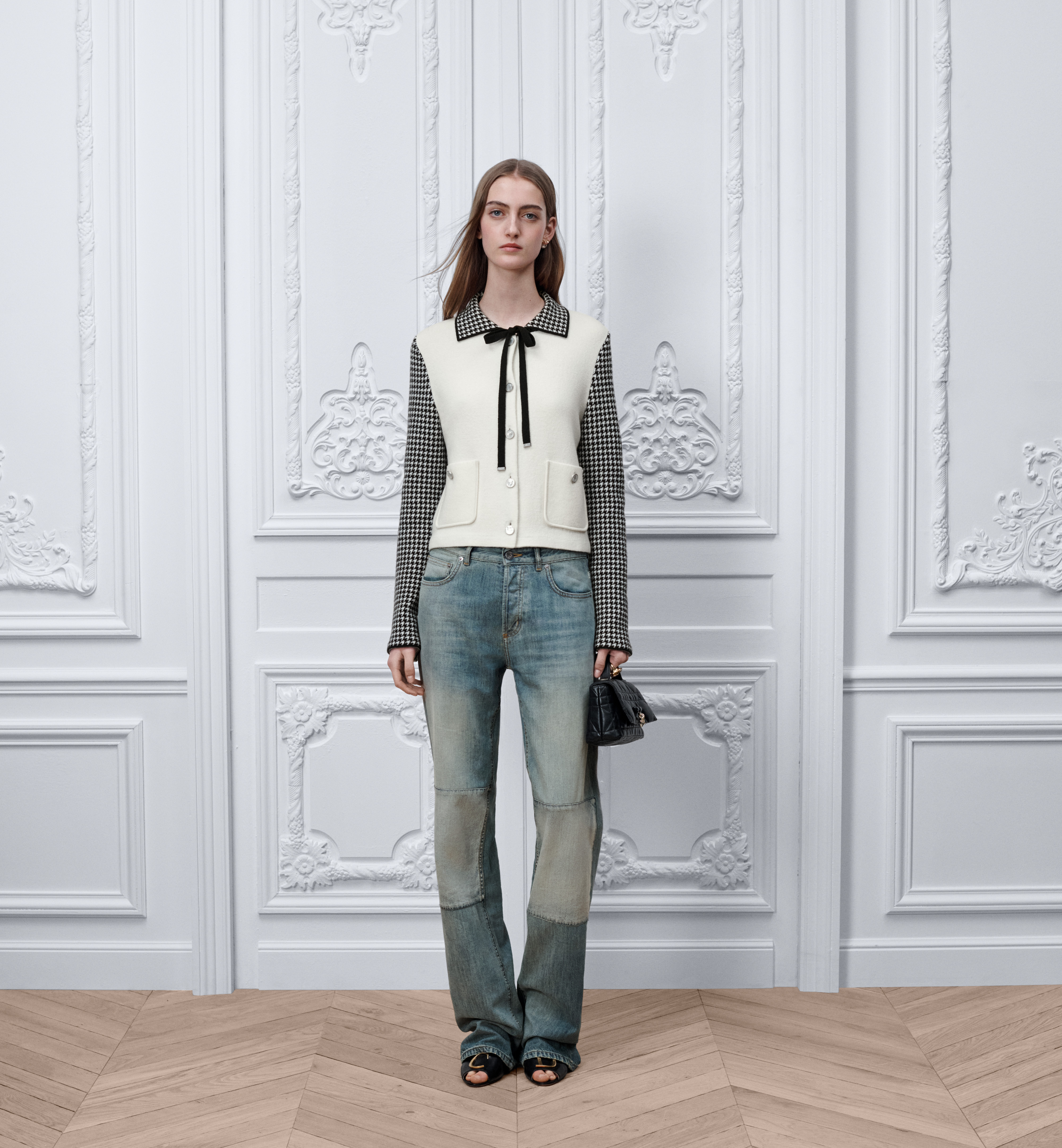 DIOR Cropped Jacket Black and White Houndstooth Wool-Cashmere-Blend Knit #389125