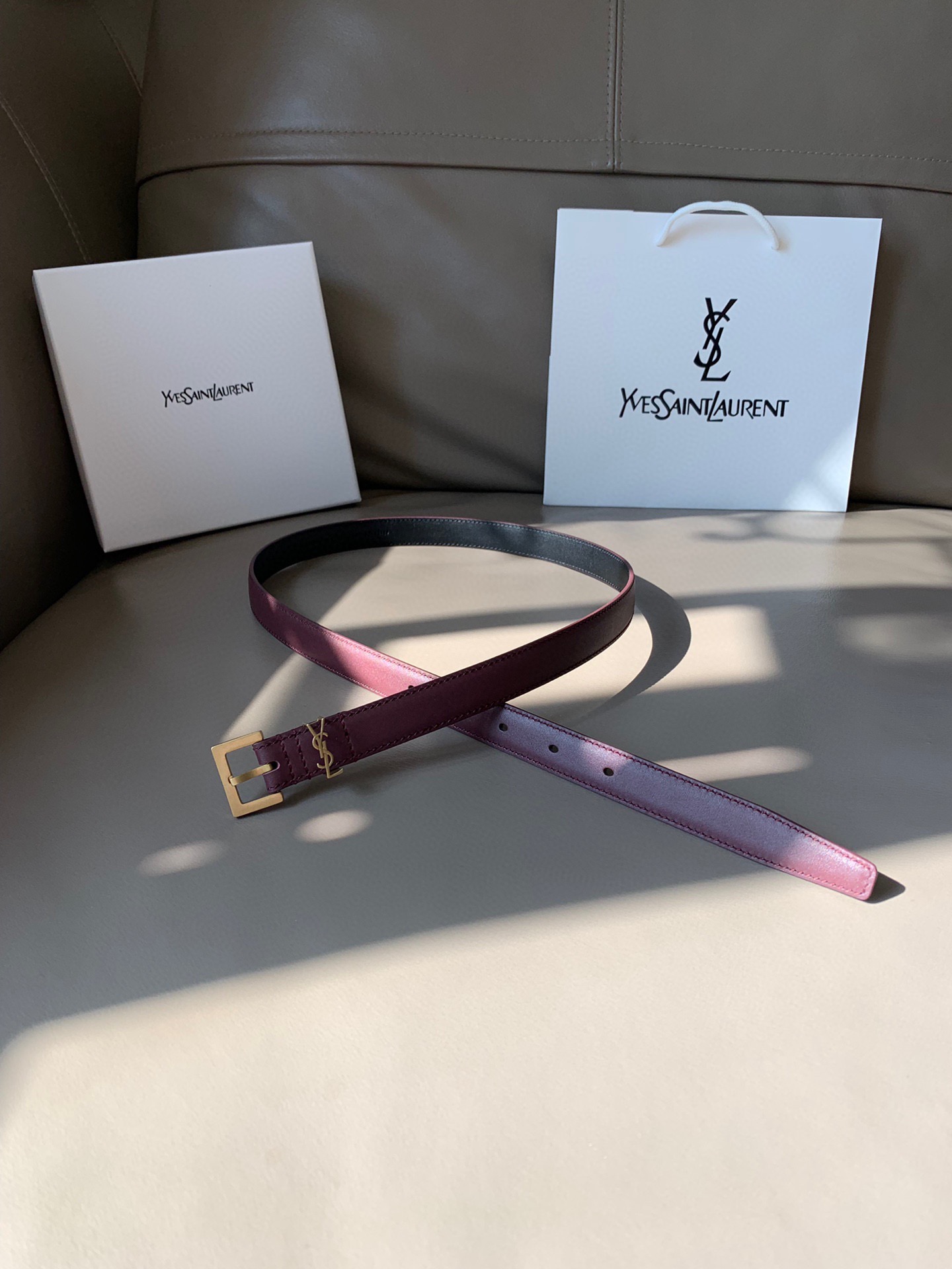 [TOP] Yves Saint Laurent YSL Belt Calfskin 2cm - Dark Red - 711 Luxury