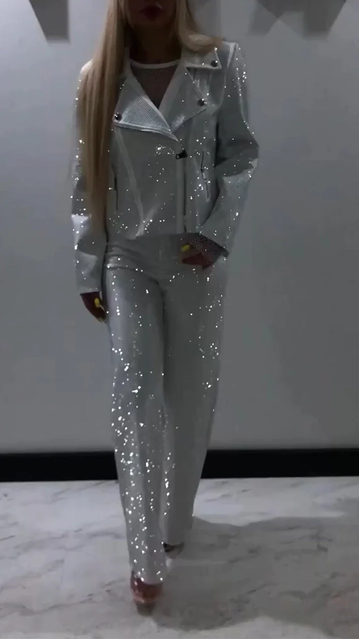 Women Laple Collar Hot Diamond Jacket+ Pants Sparkling Casual Set