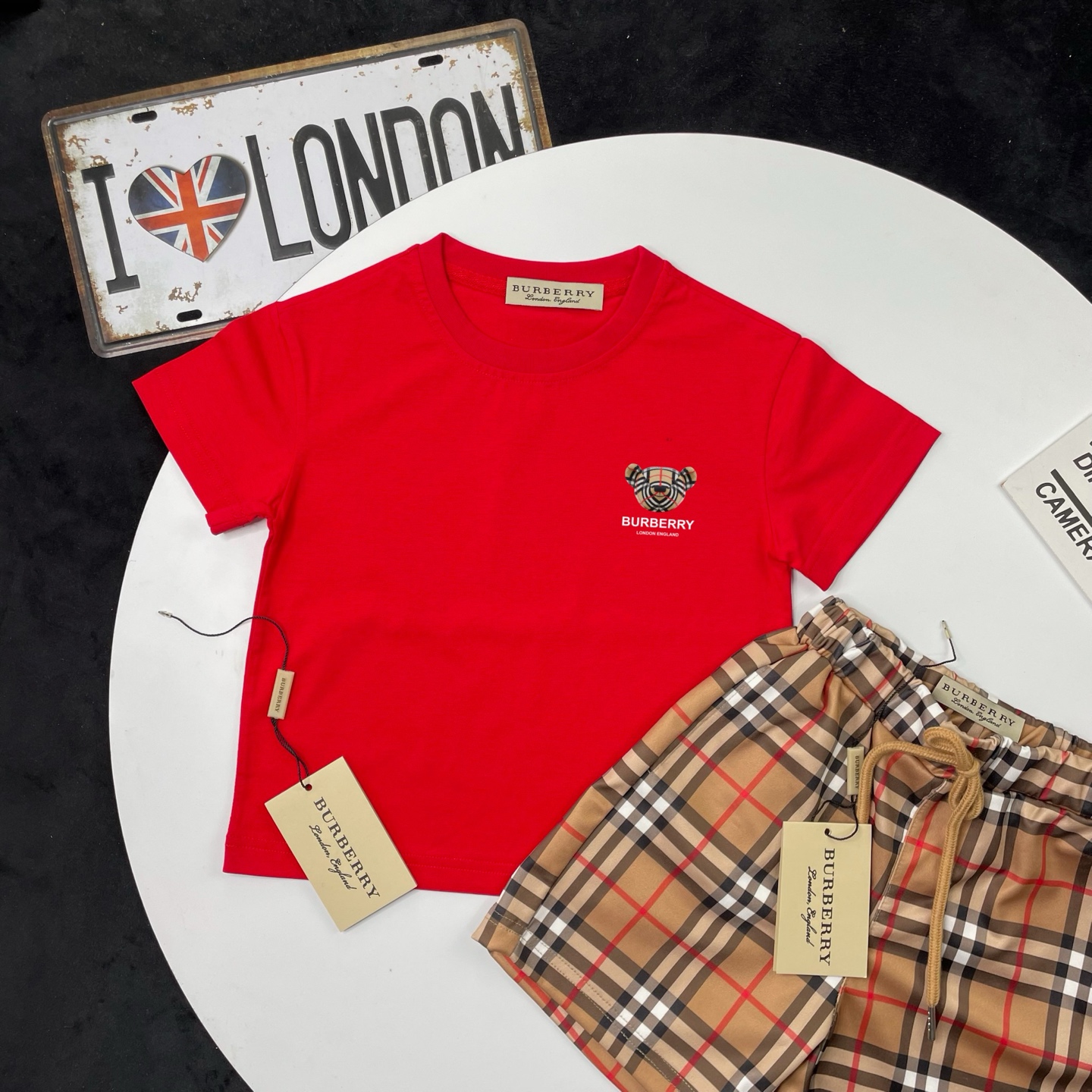 Burberry Unisex Kids Red Teddy Bear Embroidery Short Sleeve T-Shirt & Vintage Check Drawstring Shorts Two Piece Separates Set Boys Girls Casual Outfit Sizes 90-150