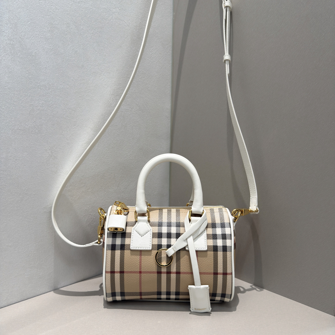 [TOP] BURBERRY Mini Plaid Boston Bag 18.5x11x12cm - Khaki and White - 711 Luxury