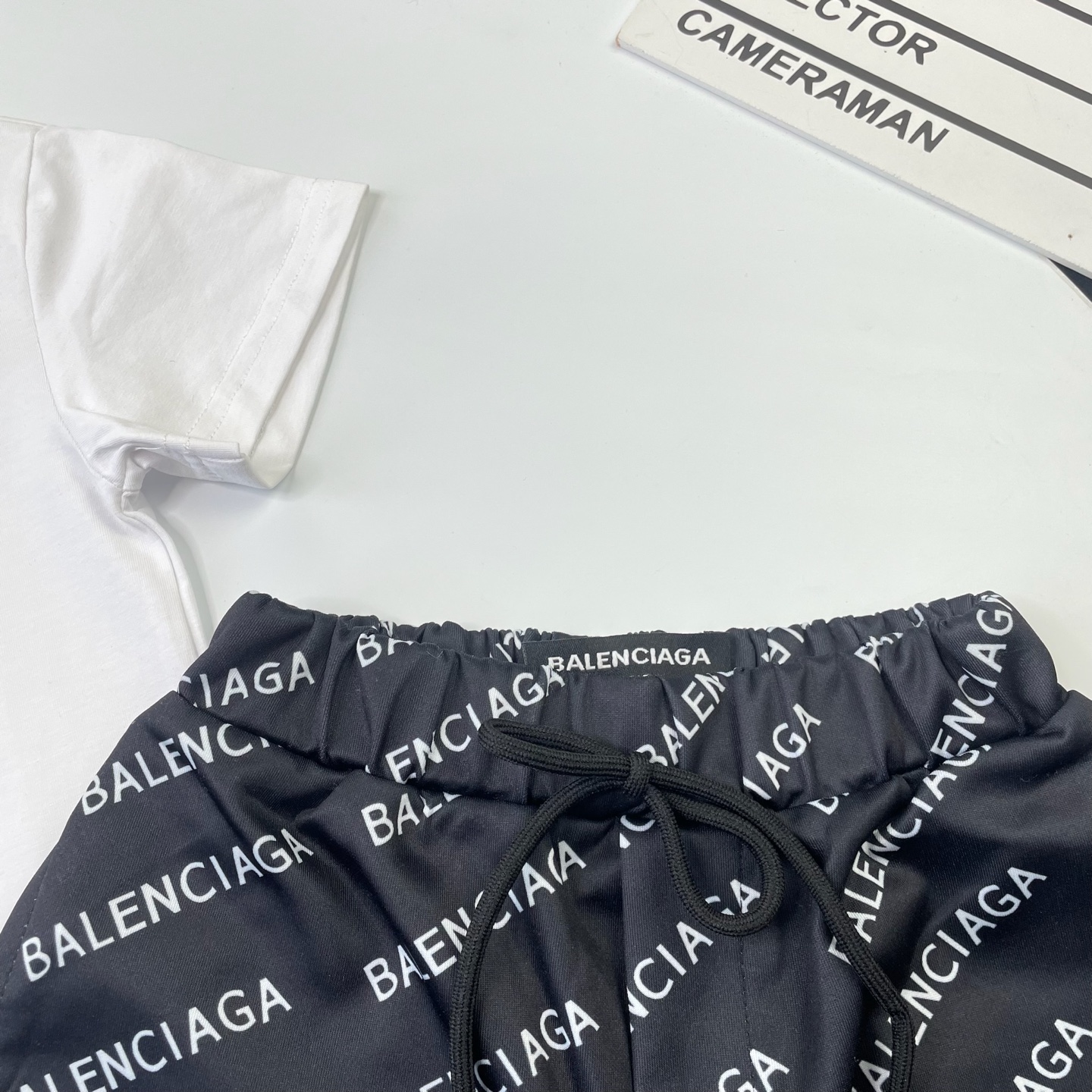 Balenciaga Unisex Kids Solid White Bold Letter Logo Short Sleeve T-Shirt & Black All Over Brand Print Casual Shorts 2 Piece Set Boys Girls Sizes 90-150