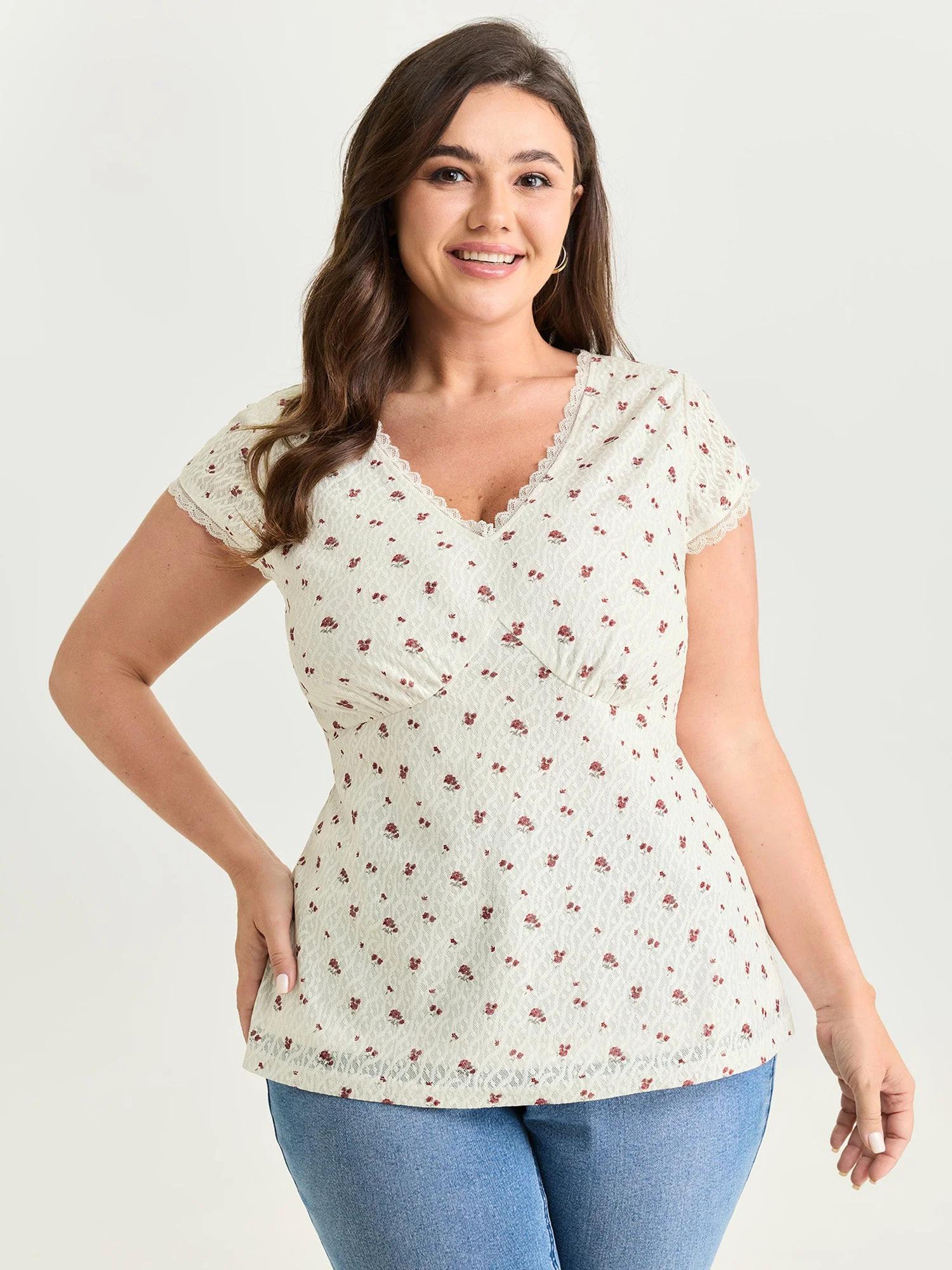 Rose Print V-Neck Knit Top