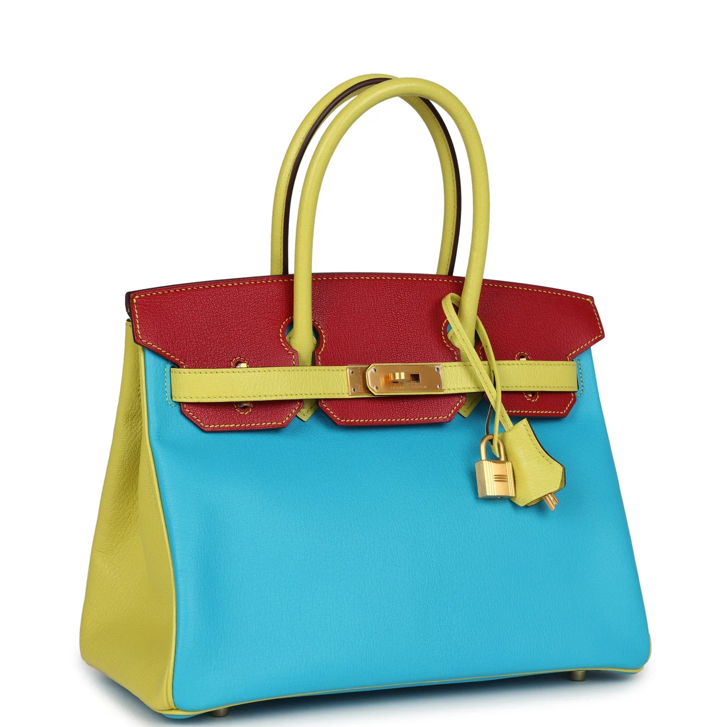Hermes Special Order (HSS) Tri-color BirkinBleu Aztec, Soufre and Rouge Vif Chevre Brushed Gold Hardware
