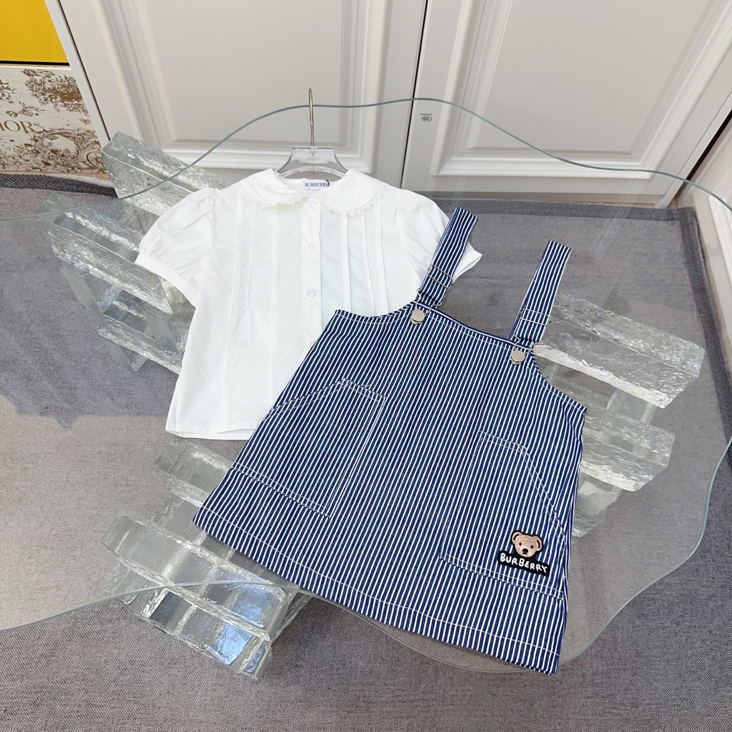 Burberry Girls White Lace Collar Puff Sleeve Blouse & Navy Striped Denim Bear Embroidery Overall Skirt 2 Piece Matching Set Sizes 100-150