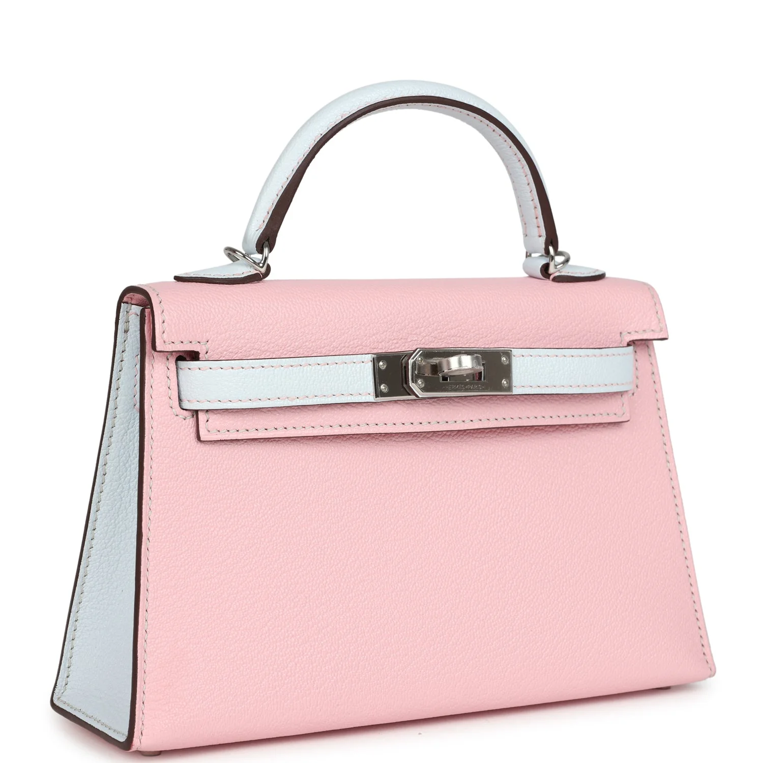 Hermes Special Order (HSS) Kelly Sellier  Rose Sakura and Bleu Brume Chevre Palladium Hardware