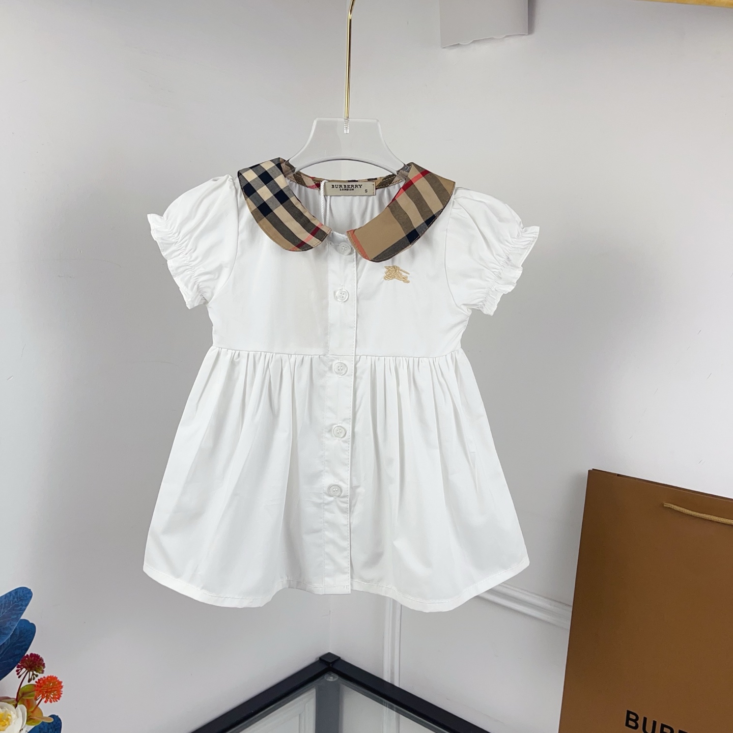 Burberry Baby Girls White Vintage Check Peter Pan Collar Puff Sleeve Cotton Sundress Kids Elegant Princess Dress Sizes 90-130