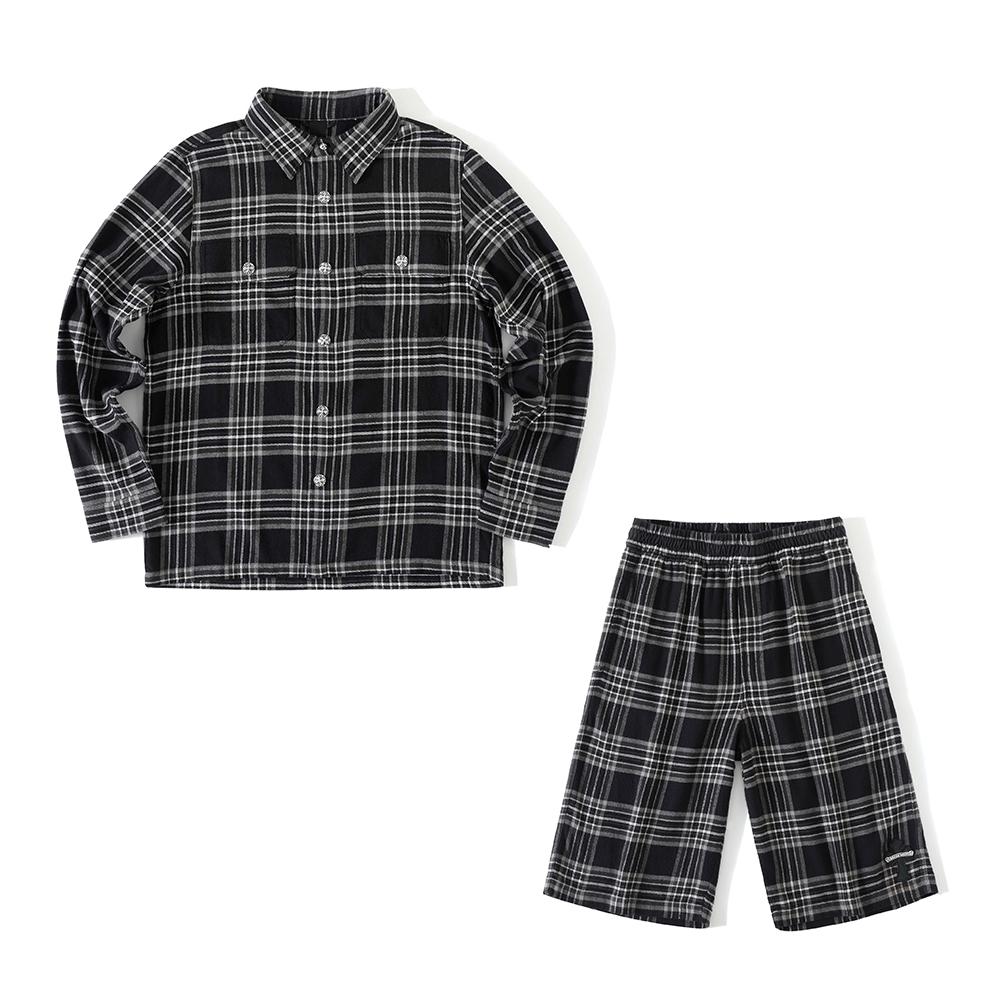 Chrome Hearts black Clothing Chrome Hearts Black and Gray Plaid Cross Long-sleeved Shirt Pants #396321 | Nigo Office