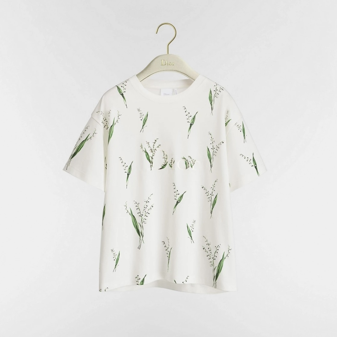 Dior white Clothing DIOR Oversized T-Shirt White Cotton Jersey with Multicolor Lily of the Valley Motif | Nigo Office