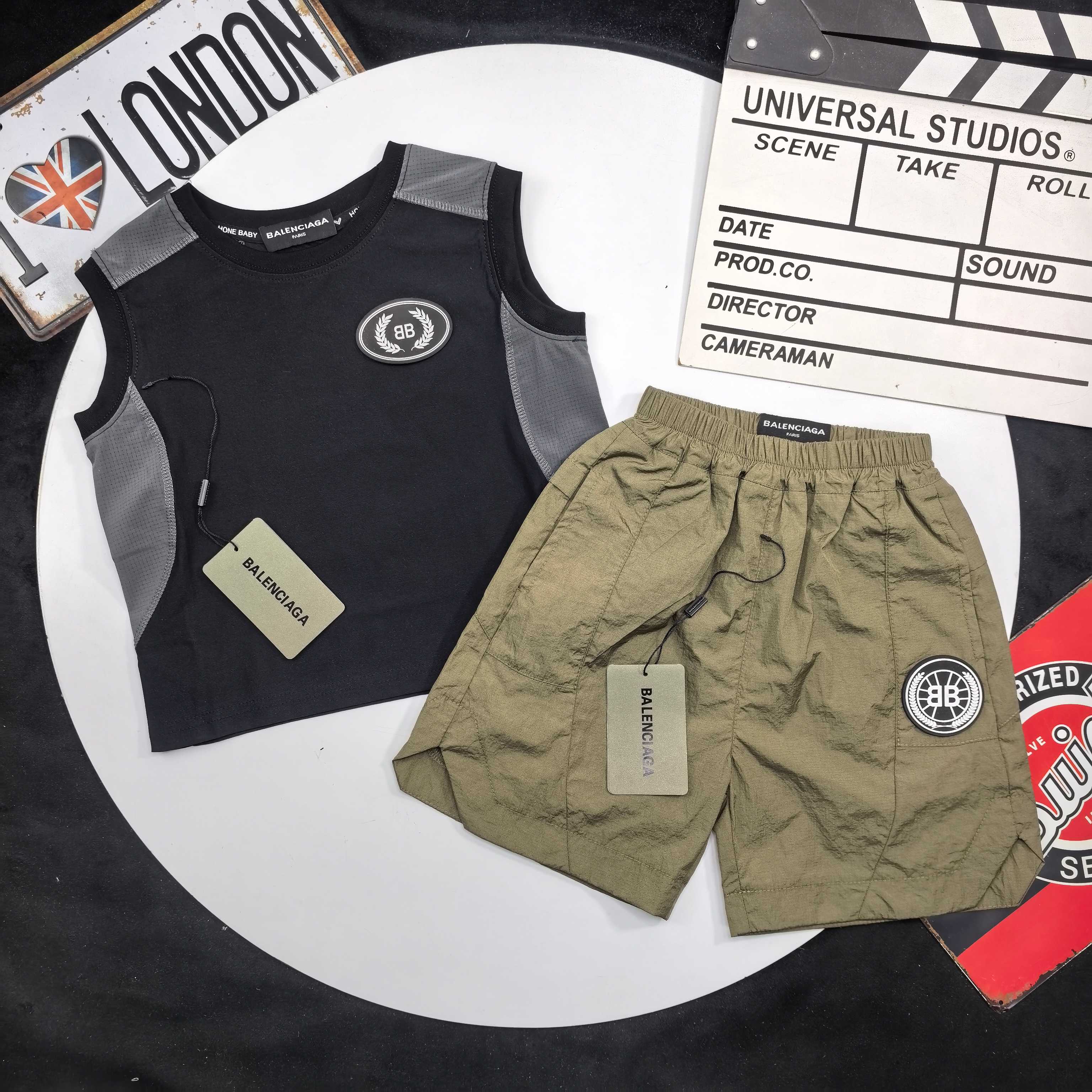 Balenciaga Unisex Kids Color Block Splicing BB Patch Tank Top & Quick Dry Cargo Shorts 2 Piece Outfit Boys Girls Sizes 90-150