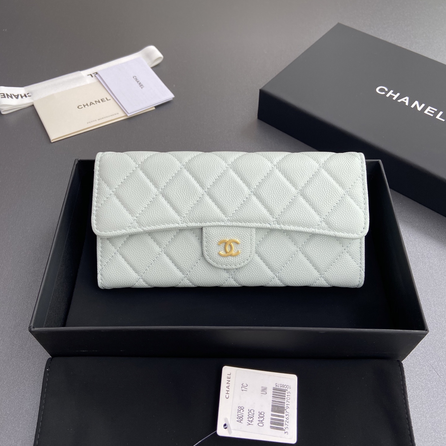 [TOP] CHANEL Long Folding Caviar Wallet 19cm - Mint Green - GHW - 711 Luxury