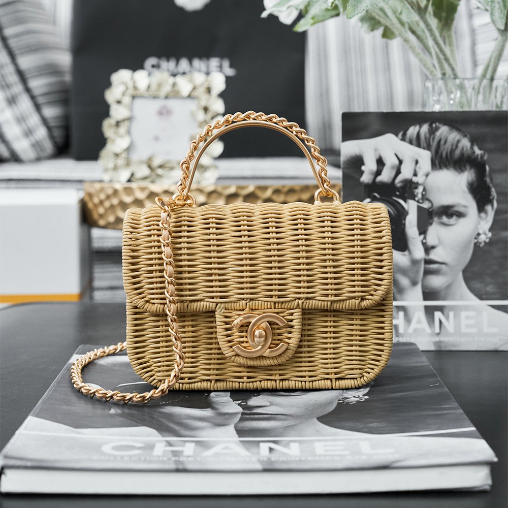 Chanel gold Bag Chanel Mini Flap Bag With Top Handle Braided Rattan Gold Tone Metal #396315 | Nigo Office