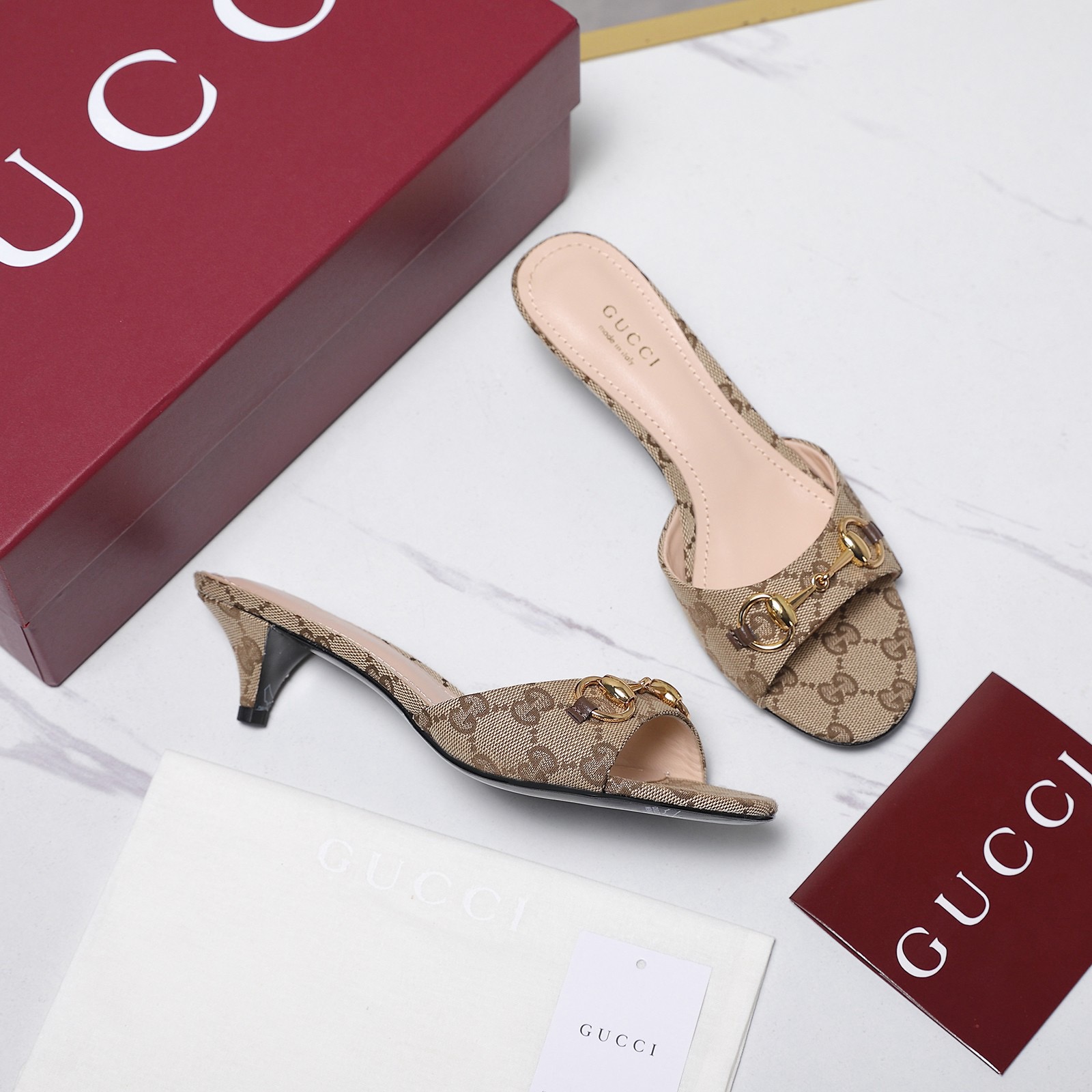 [TOP] GUCCI GG 4.5cm Mid Heel Slippers - Brown - 711 Luxury