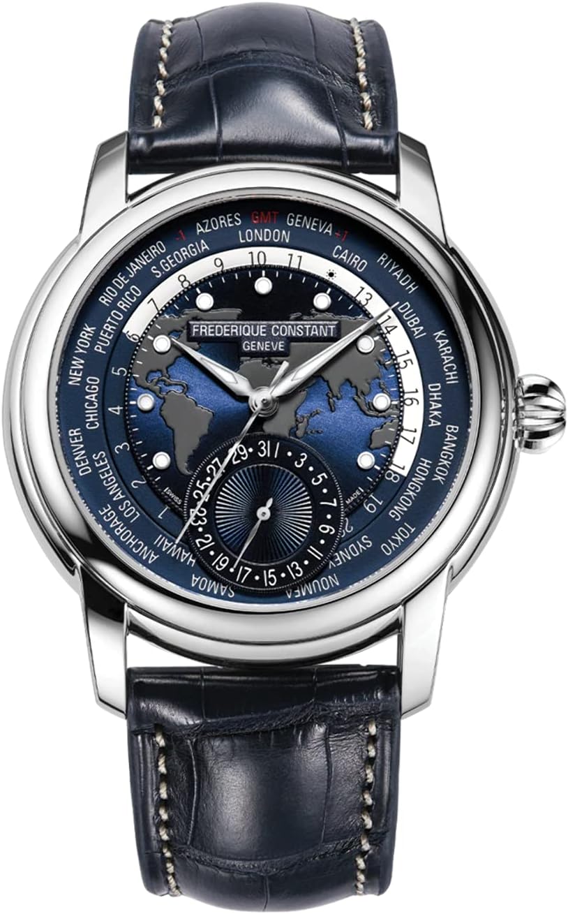 Frederique Constant Men's FC718NWM4H6 Worldtimer Automatic Watch With Blue Leather Band