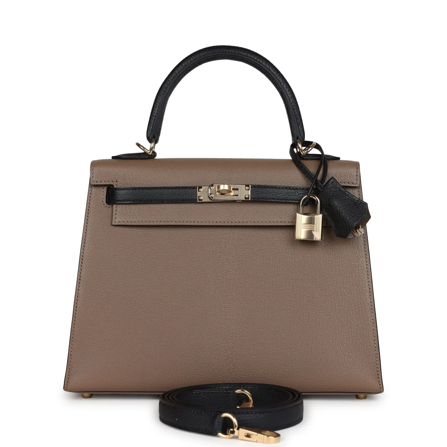 Hermes Special Order (HSS) Kelly Sellier  Black and Etoupe Chevre Mysore Permabrass Hardware