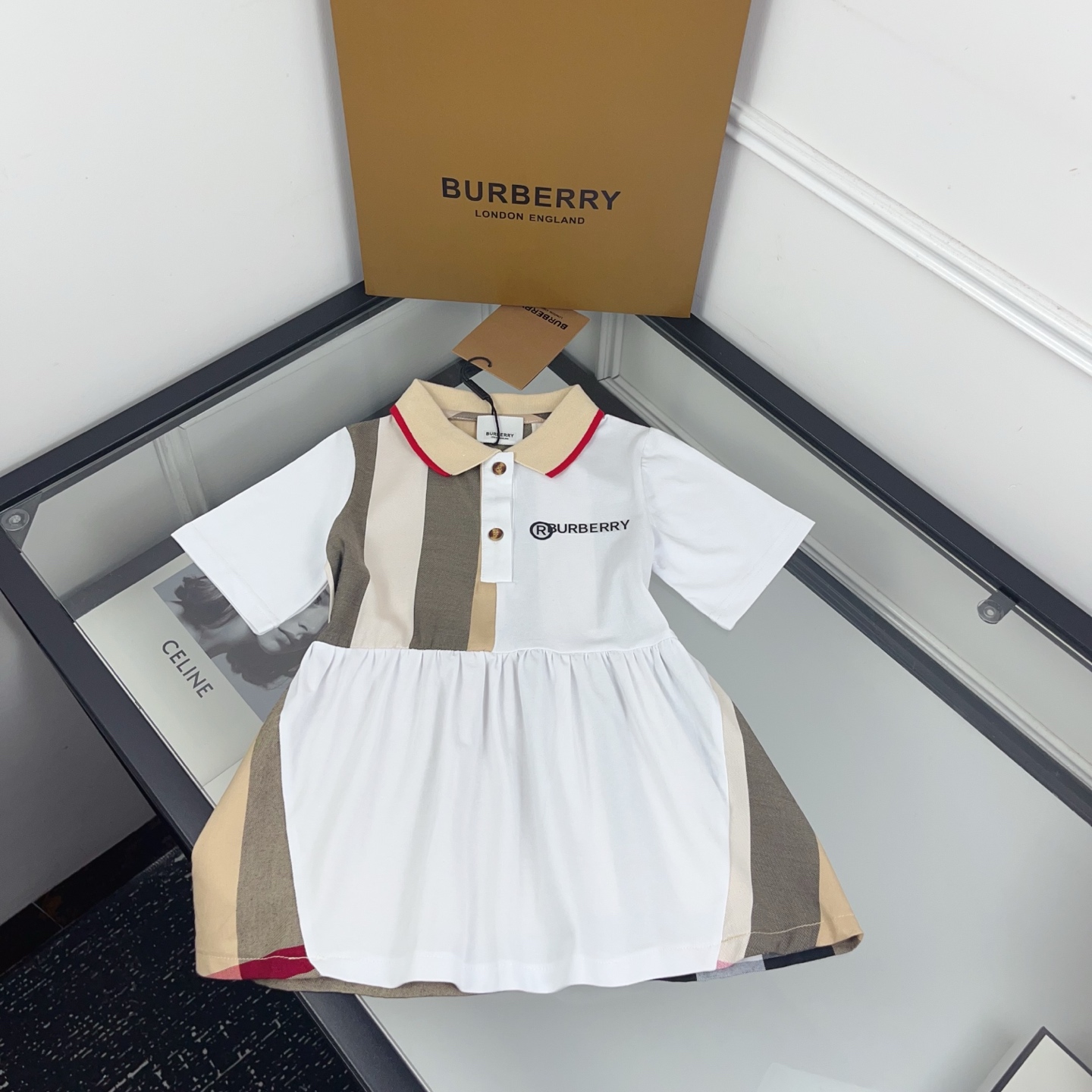 Burberry Girls Icon Stripe Color Block Short Sleeve Polo Dress Kids Sizes 90-130 White Beige
