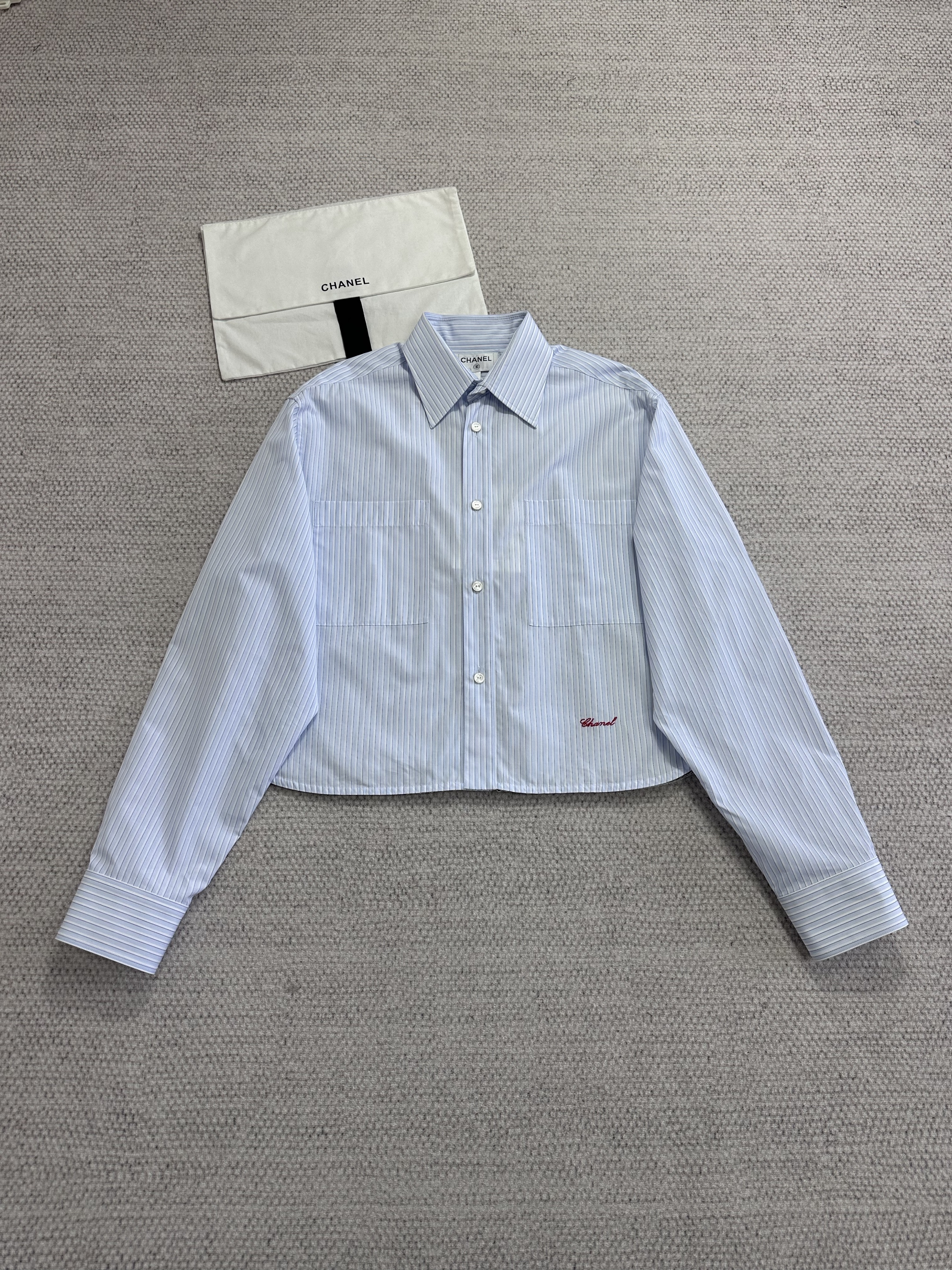 Chanel Top-quality Version Long-sleeved Shirt Cotton Poplin Blue White #381261