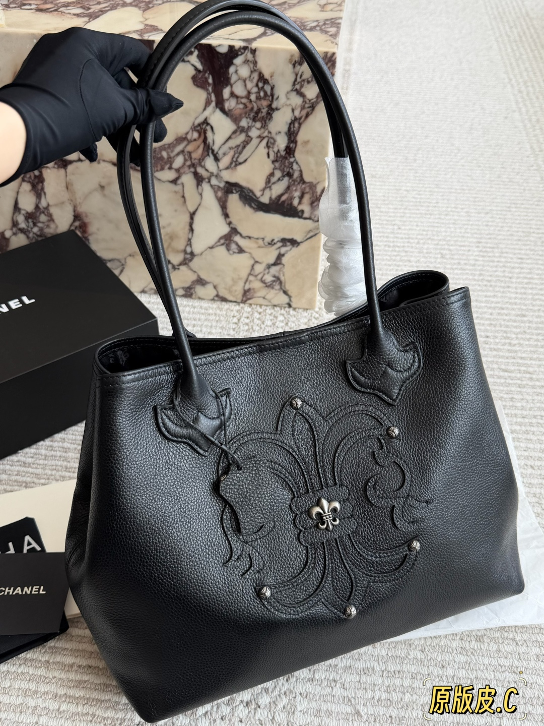 CHANEL Black Leather Embossed Logo Top Handle Handbag (Replica)