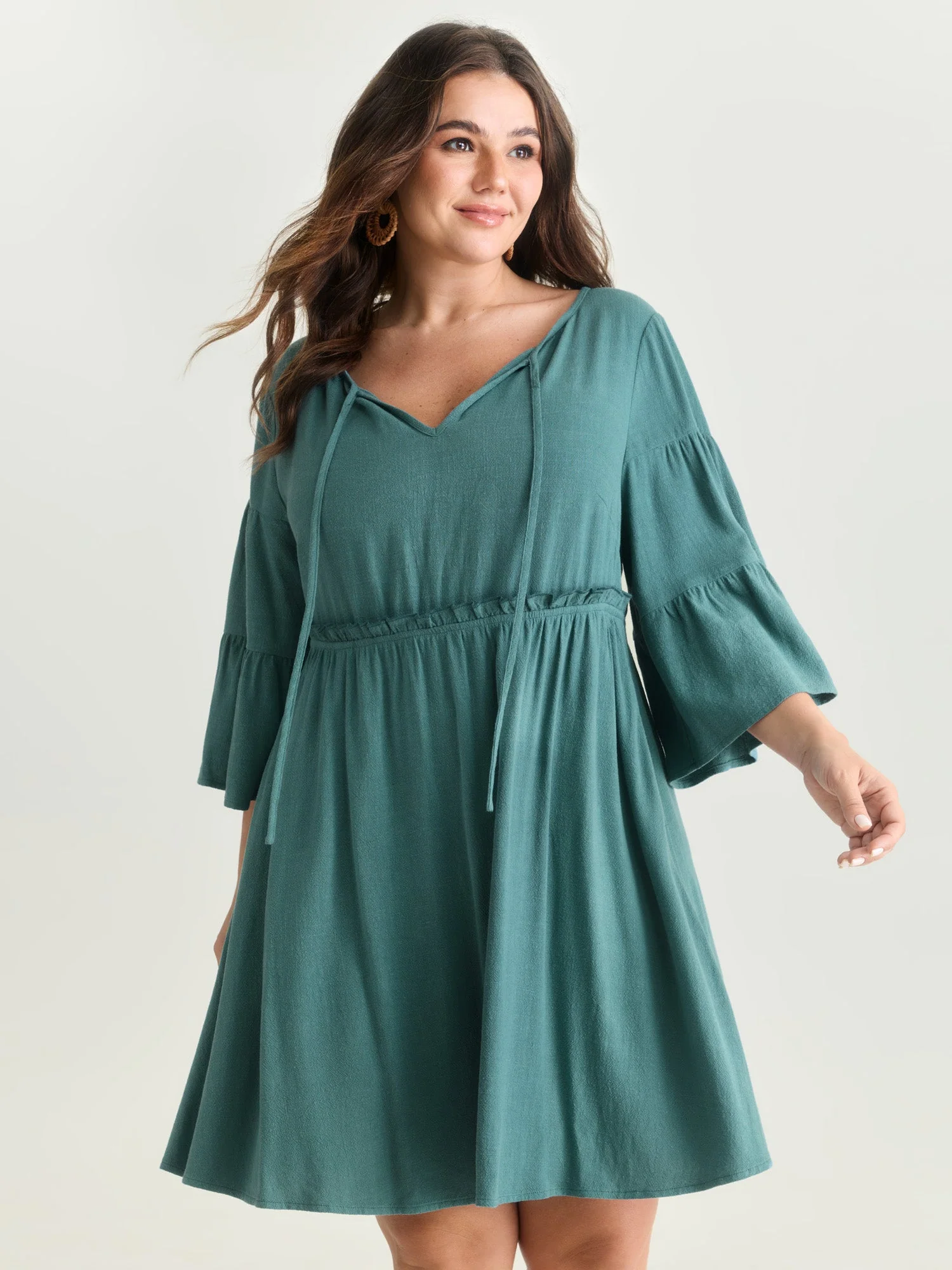 Tiered Sleeve Drawstring Neckline Mini Dress