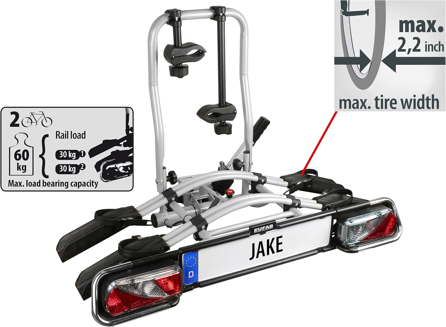 EUFAB Jake 11510 Bicycle Carrier, Suitable for E-Bike, Partially Pre-Assembled, Expandable, Anti-Theft Protection, for 2 Bikes, for Trailer Coupling