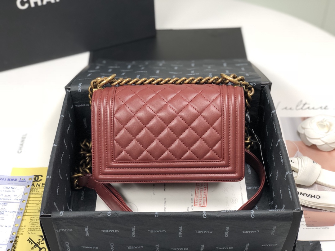 [TOP] CHANEL Sheepskin Le Boy Bag 20*14*7.5cm - Maroon & GHW