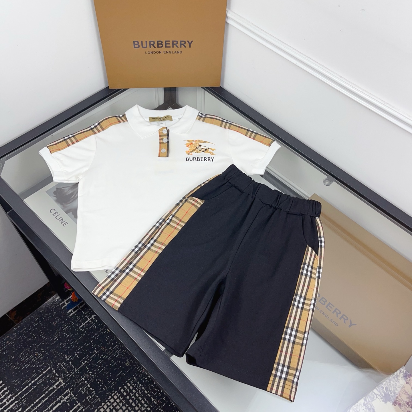 Burberry Unisex Kids Vintage Check Panel Equestrian Logo White Polo & Black Shorts 2 Piece Summer Set Boys Girls Sizes 100-160