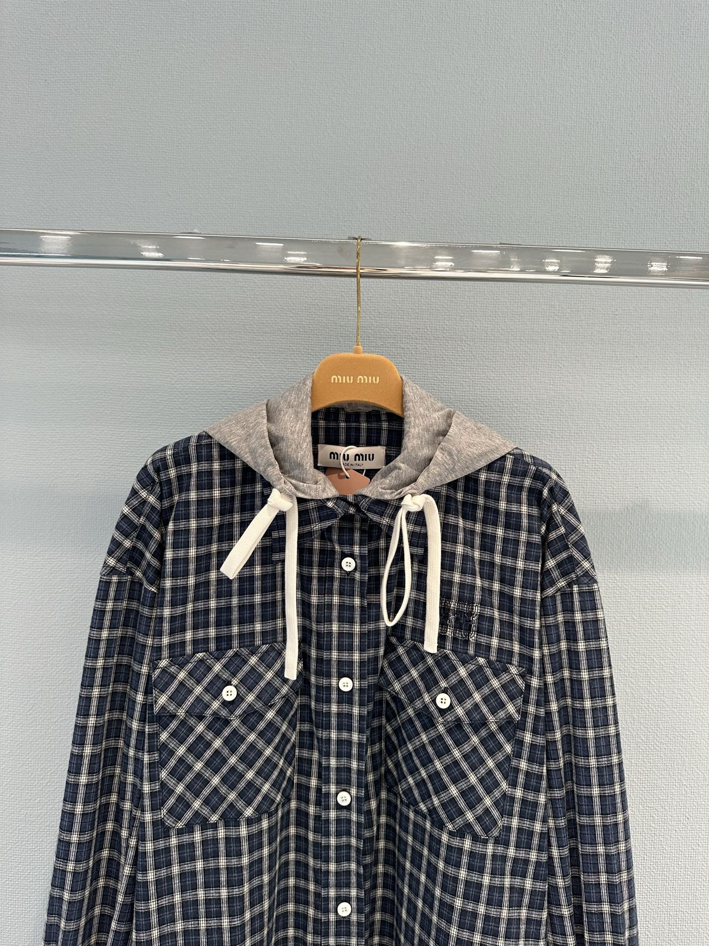 [TOP] Miu Miu Plaid Hooded Long Shirt - Gray - 711 Luxury
