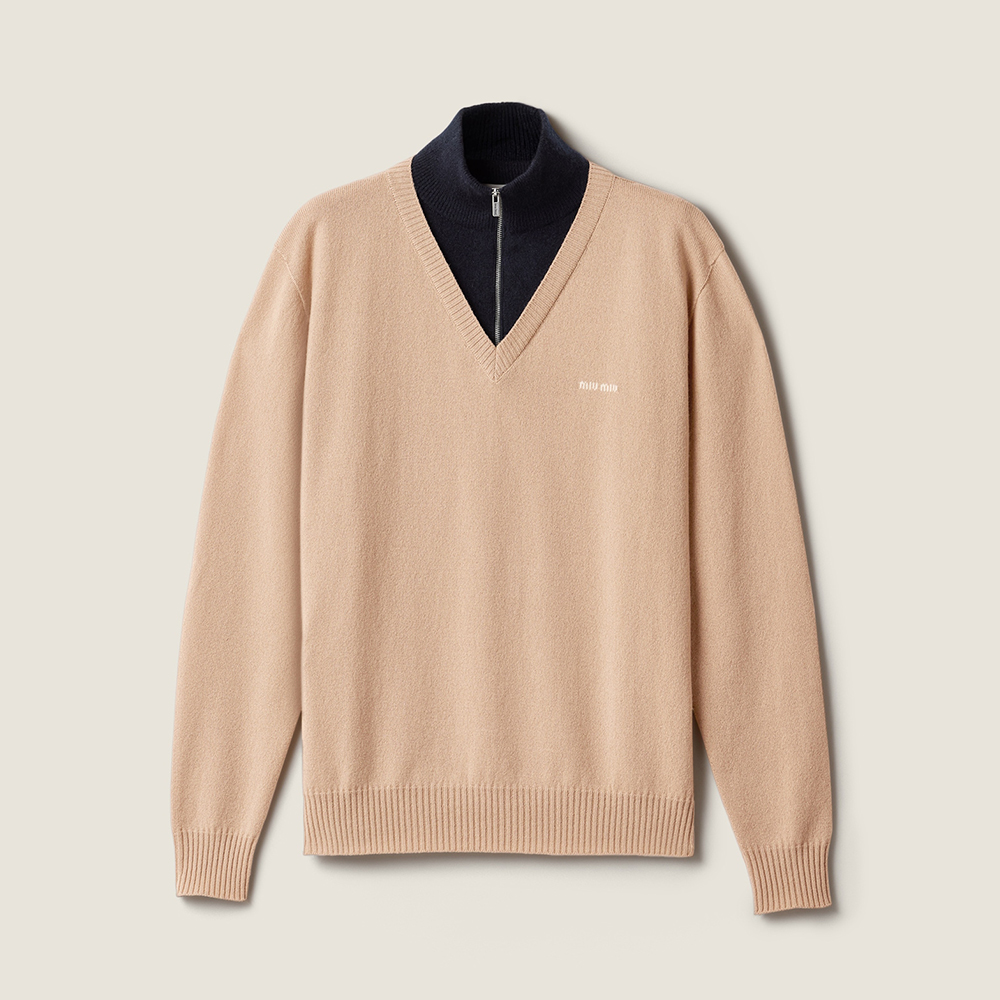 Designer white Clothing MiuMiu Albino White Blue Cashmere Turtleneck Sweater #395284 | Nigo Office