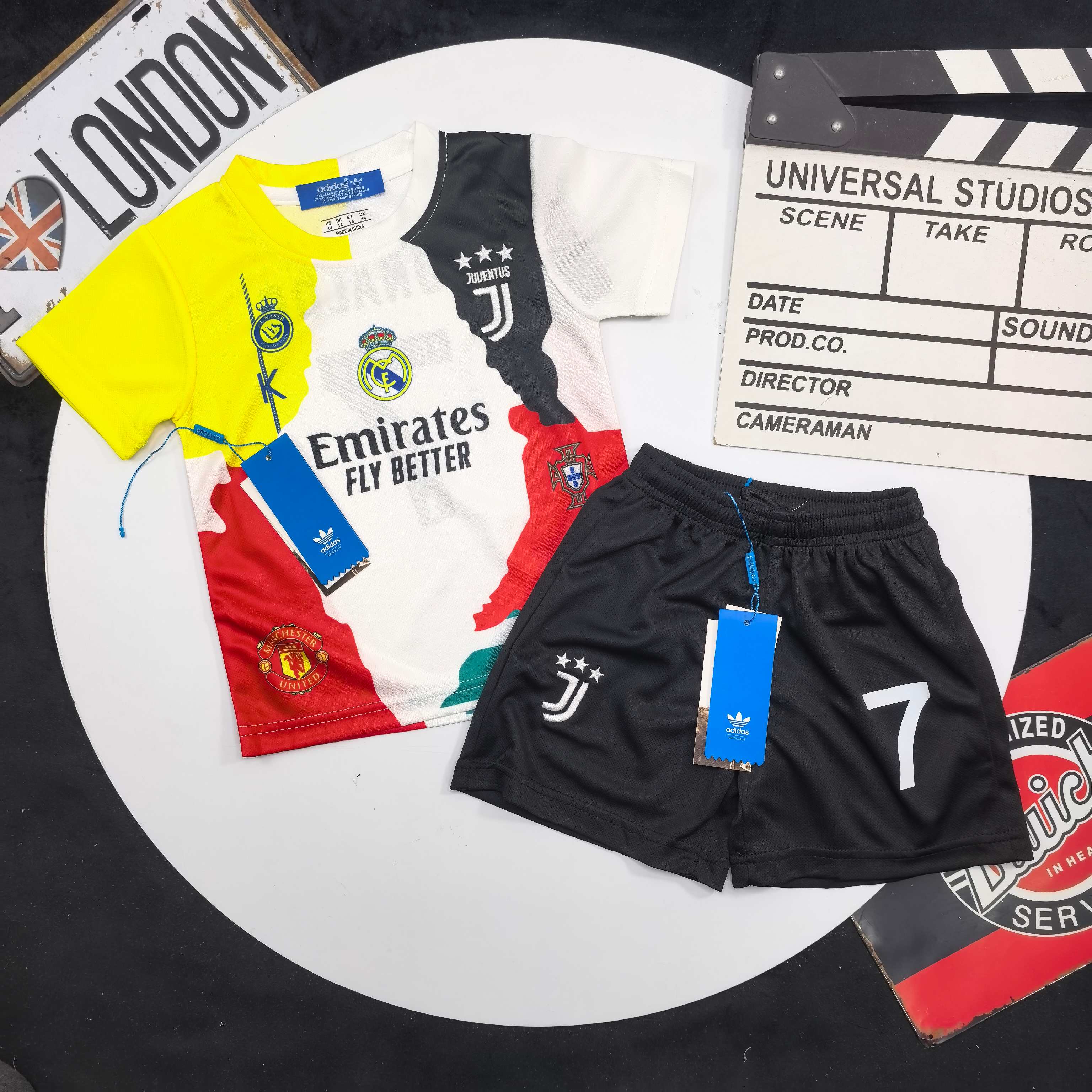 Adidas Kids Special CR7 Ronaldo Football Kit For Boys Girls Printed Multi Club Jersey & Shorts Full Original Tags Sizes 90-170