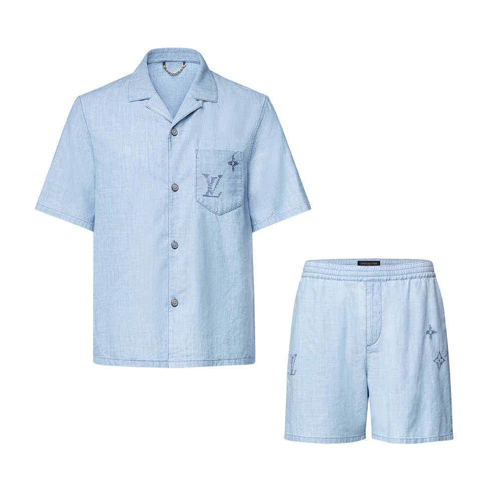 LOUIS VUITTON Embroidered Signature Chambray Short-Sleeved Shirt and Shorts #387209