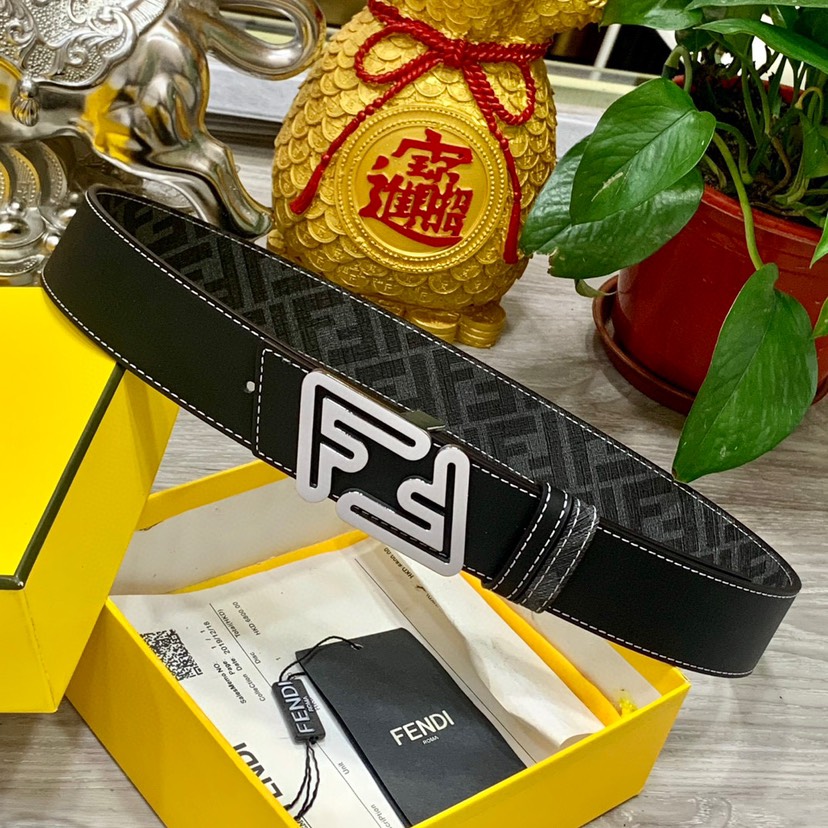 [TOP] FENDI Men's Belt Cowhide 4cm - Black and Gray - 711 Luxury