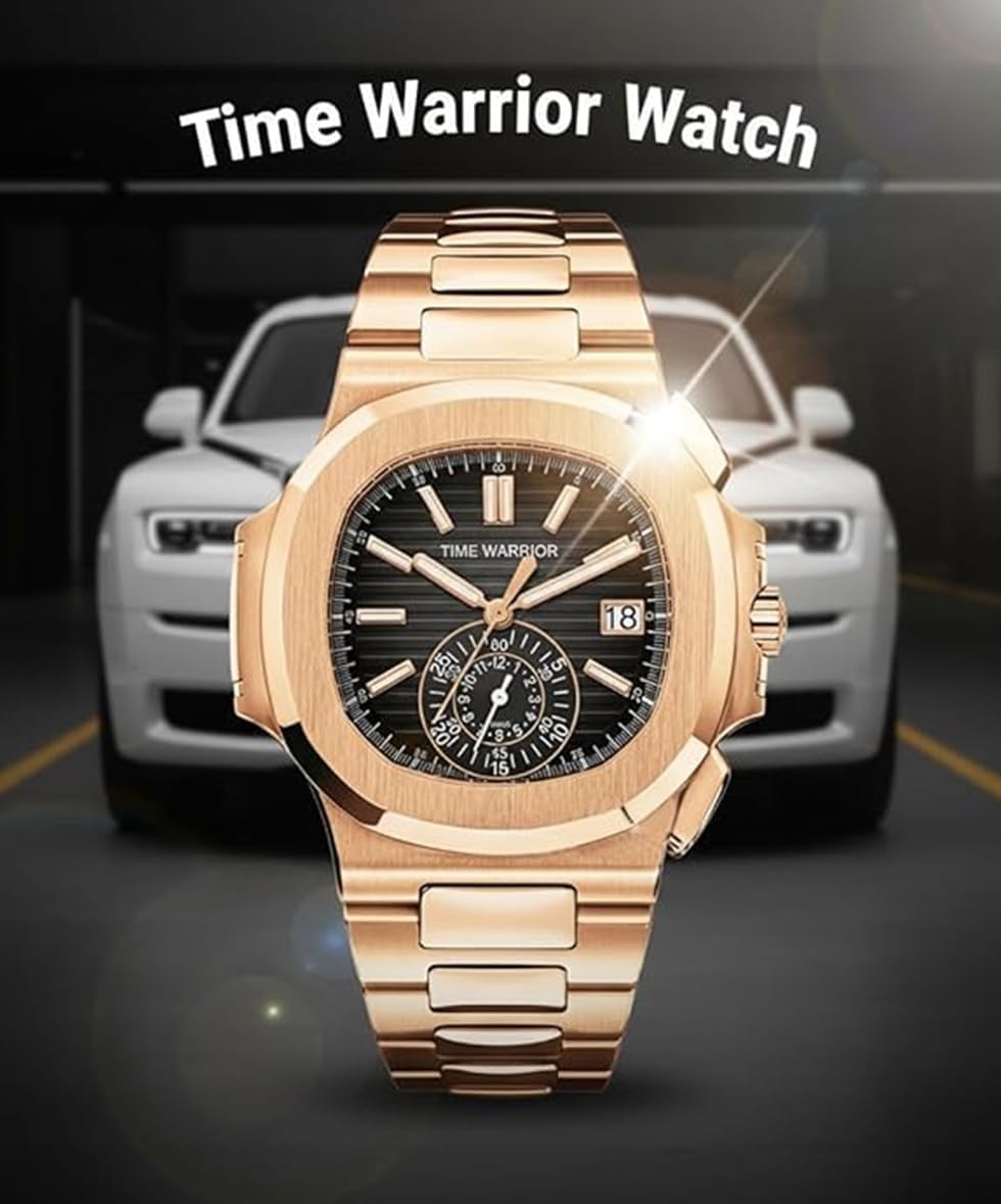 TIME WARRIOR Luxury Men's Watches, Automatic Rose Gold Stainless Steel Watch, Patek Style