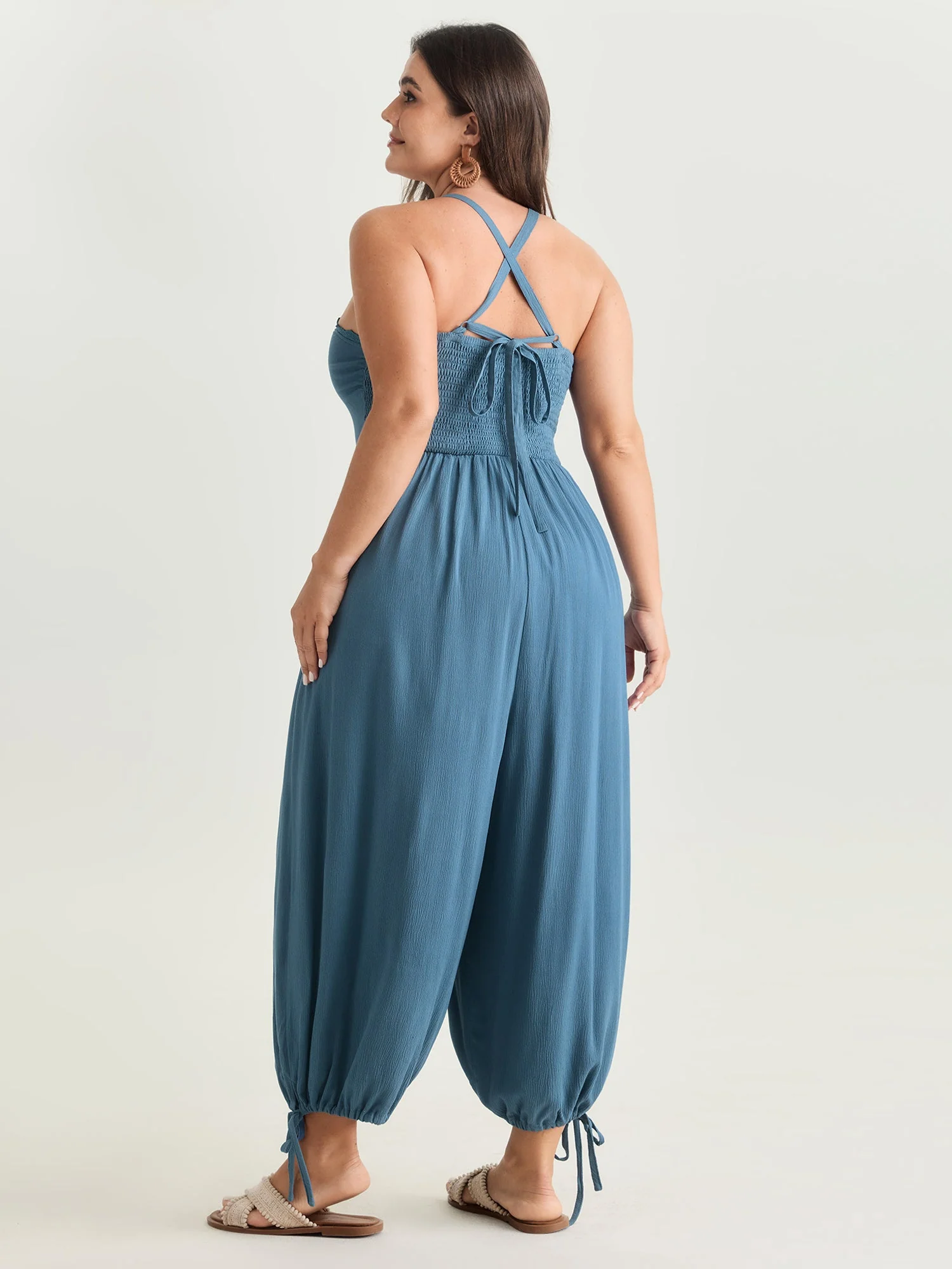 Ruched Front Crisscross Back Tie Jumpsuit