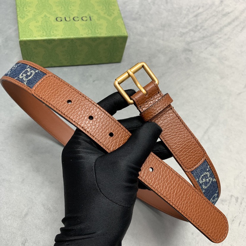 [TOP] GUCCI GG Belt Leather/Denim 3.0cm - Brown - 711 Luxury