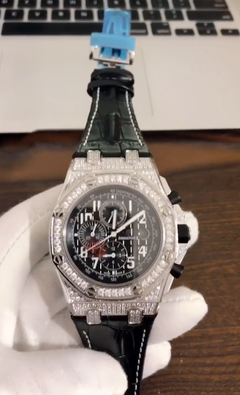 Audemars Piguet Royal Oak Offshore Chronograph Watch Full Diamond Bezel Black Leather Strap Men Luxury Automatic Chronograph Wristwatch
