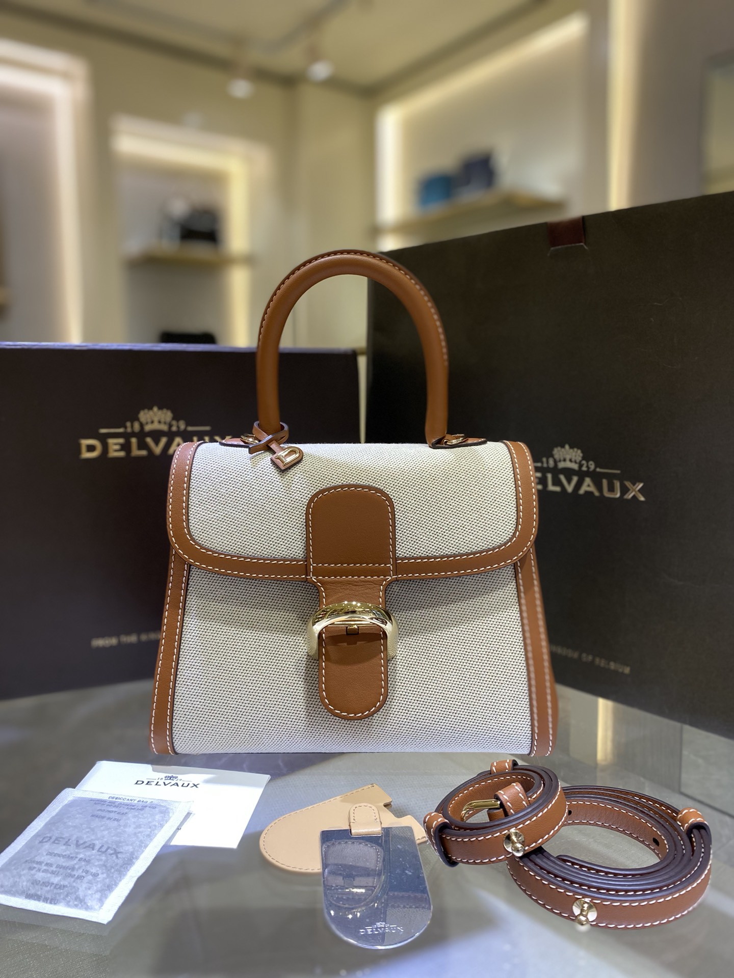 [TOP] Delvaux Brillant Bag Cowhide/Canvas  24*12*19cm - White and Brown - 711 Luxury