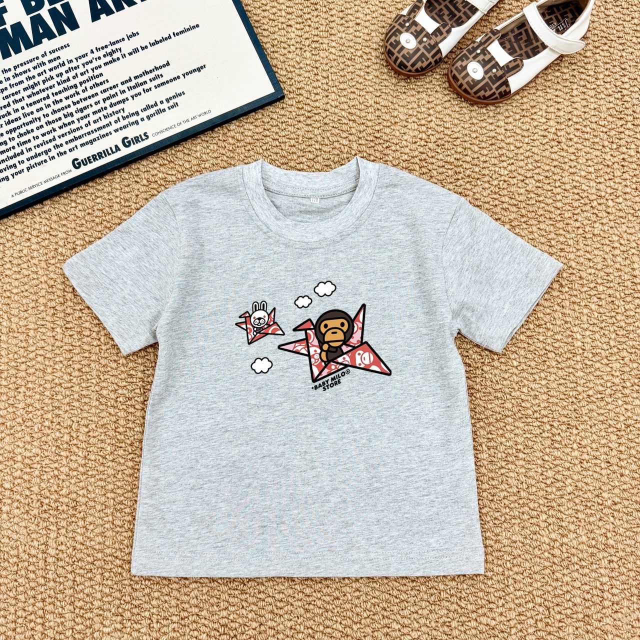 Bape Unisex Kids Cartoon Baby Milo Origami Paper Plane Graphic Short Sleeve T-Shirt Boys Girls Sizes 90-150