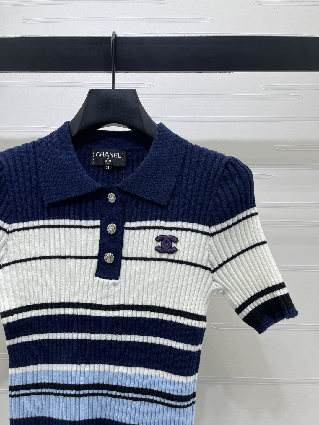 [TOP] CHANEL  Color-blocked Striped Collared Knit Short-sleeved Shirt - Blue - 711 Luxury