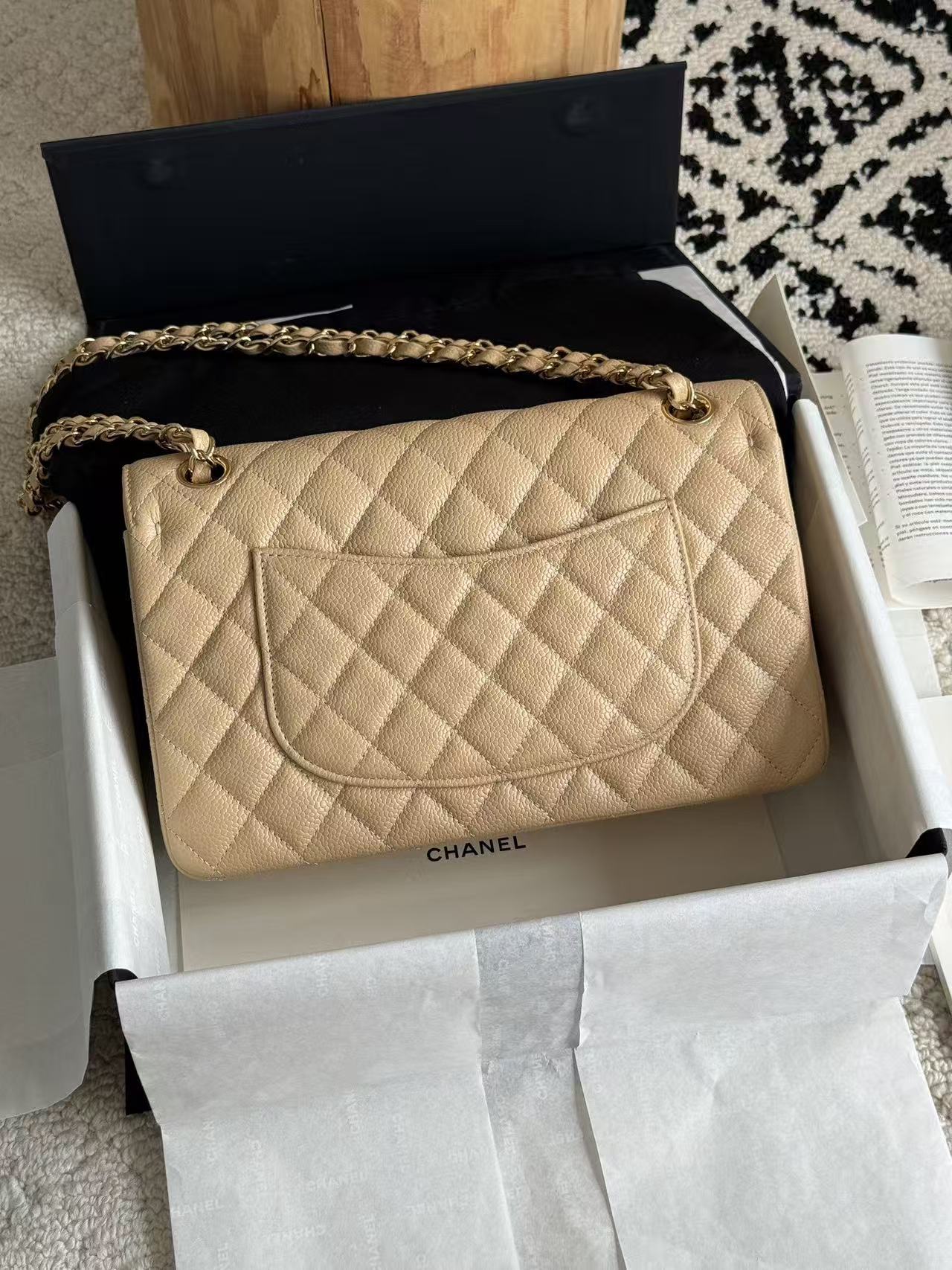 [TOP] CHANEL Classic Flap Bag Caviar  Medium 25.5CM - Apricot & GHW - 711 Luxury