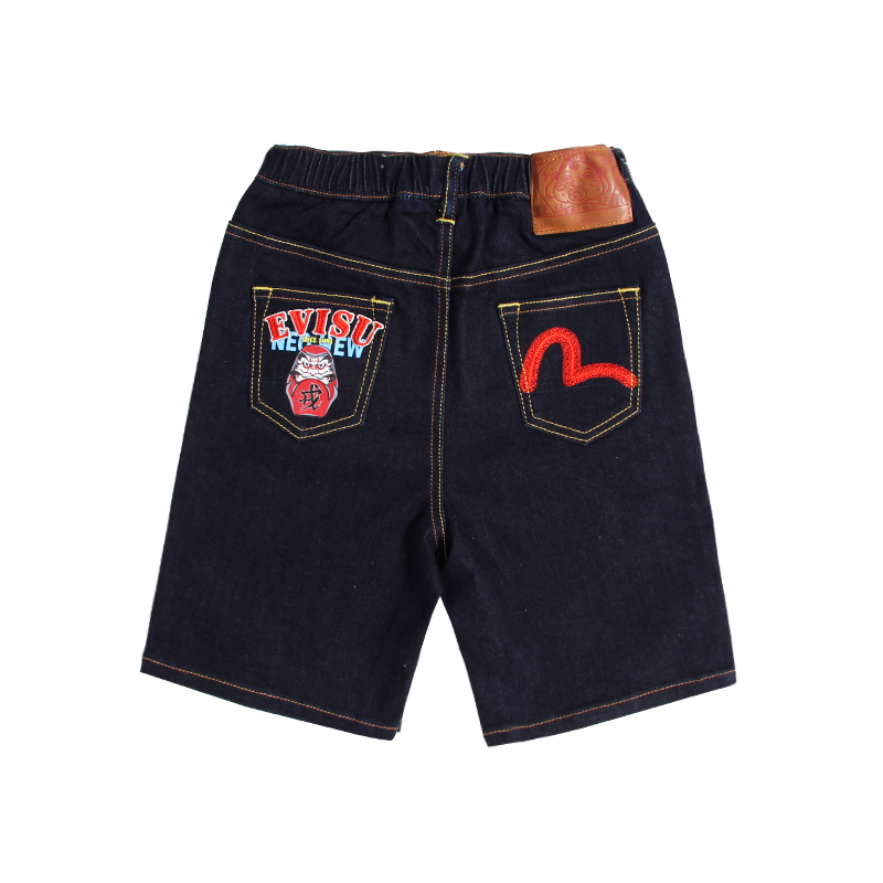 Evisu Unisex Kids Dark Indigo Denim Shorts Red Seagull Daruma Embroidery Boys Girls Sizes 90-160