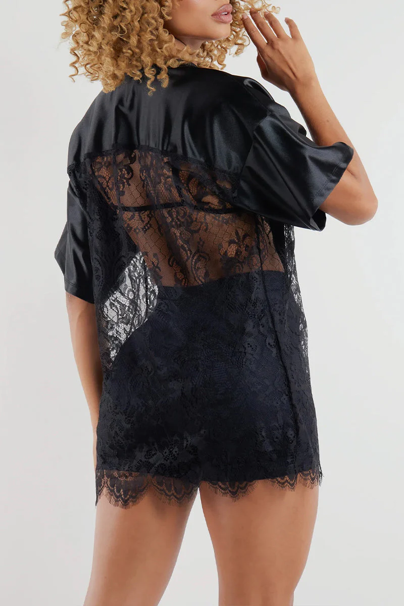 Women V-neck Splicing Printed Hollow Casual Top