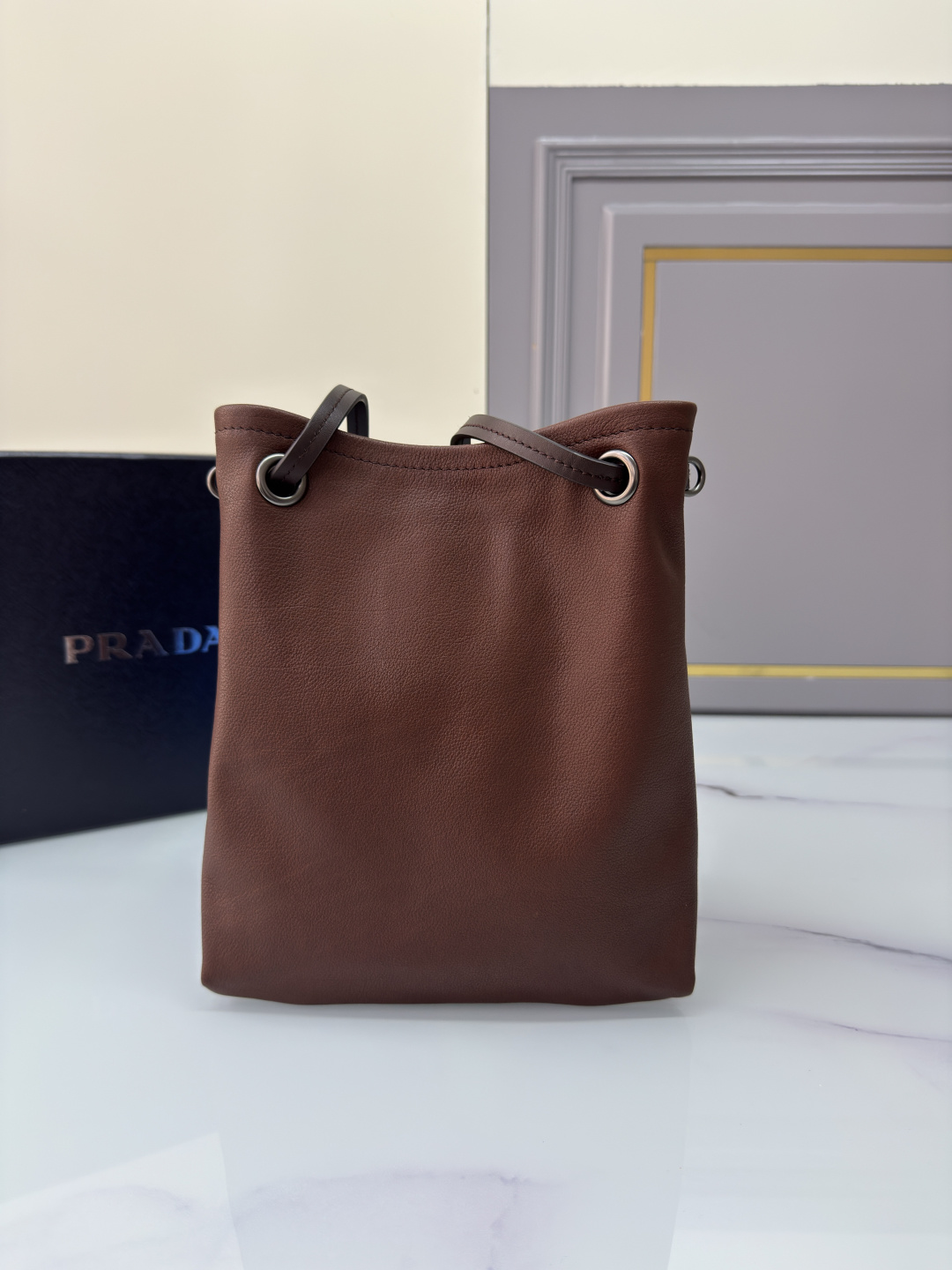 [TOP] PRADA Cowhide Tote Bag 25x24CM - Brown