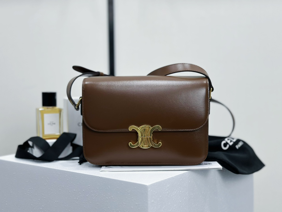 [TOP] CELINE Triomphe Bag Box Leather 22.5x16.5x7.5cm - Chocolate - 711 Luxury