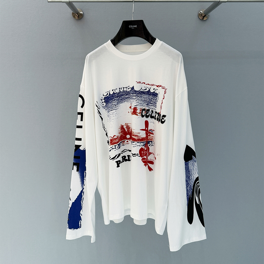 Celine Letter Print Irregular Graffiti Round Neck Long Sleeve T-shirt